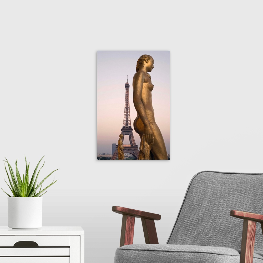A modern room featuring France, Ile-de-France, Paris, Gilded statue at Palais de Chaillot and Eiffel Tower