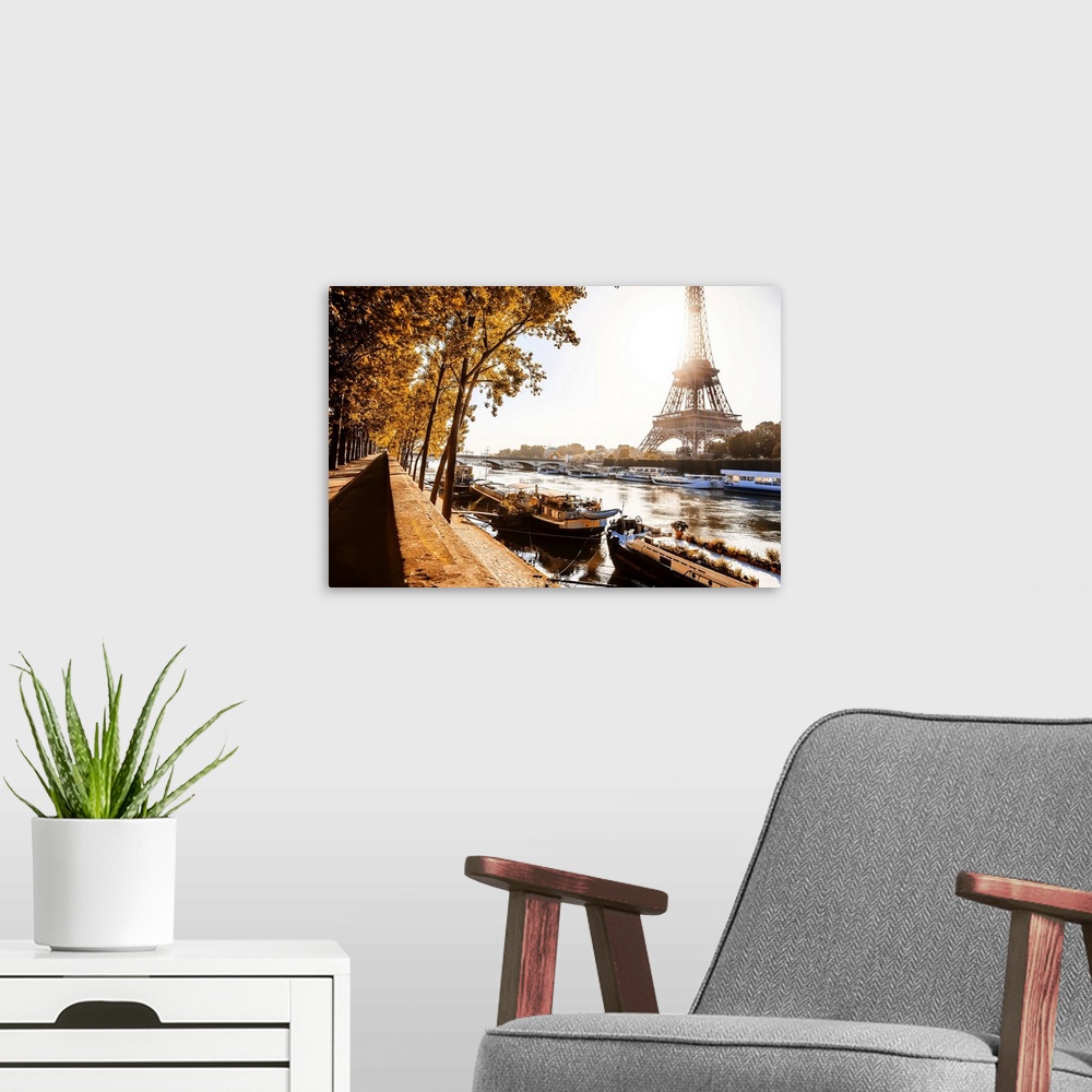 A modern room featuring France, Ile-de-France, Seine, Ville de Paris, Paris, Invalides, The river Seine and Eiffel Tower ...
