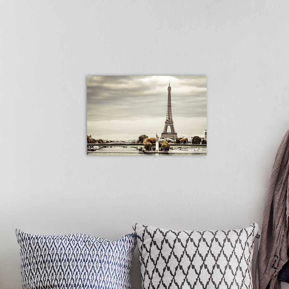 A bohemian room featuring France, Paris, River Seine with Replica of the Statue of Liberty, and Eiffel Tower in the backgro...