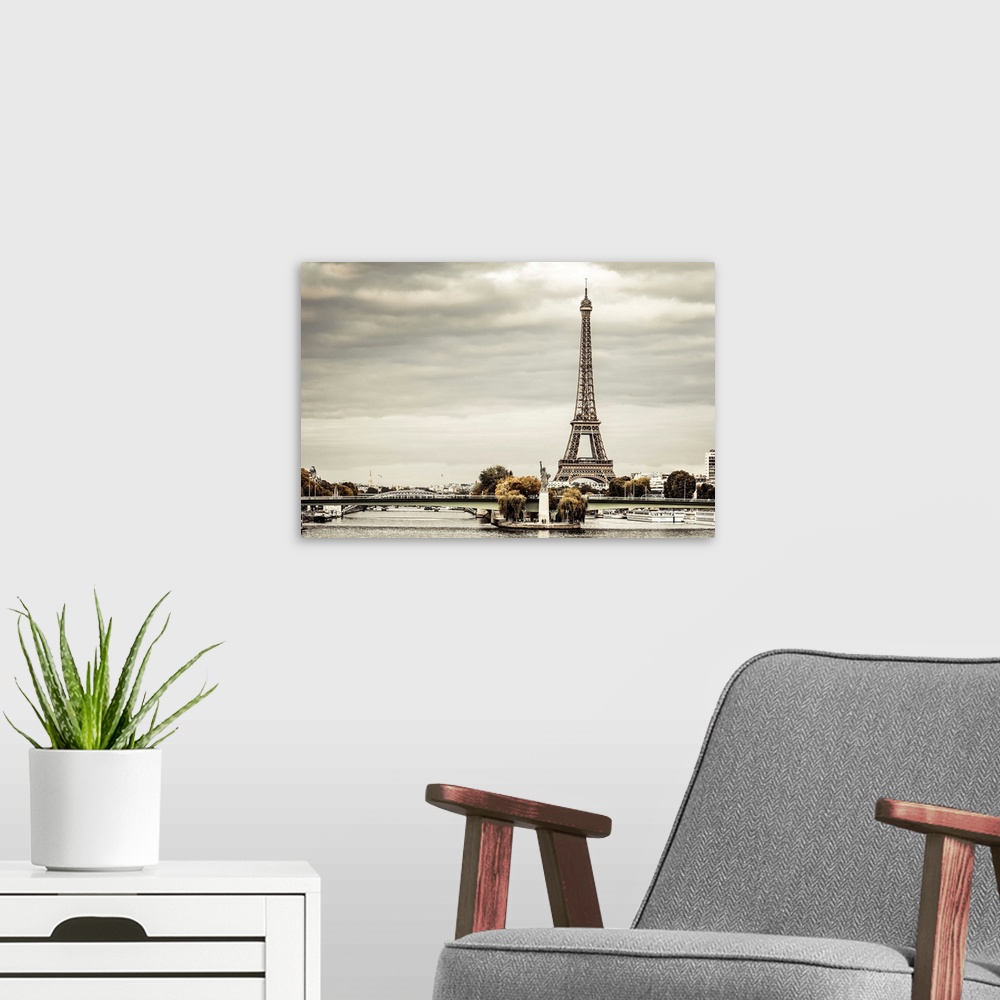 A modern room featuring France, Paris, River Seine with Replica of the Statue of Liberty, and Eiffel Tower in the backgro...