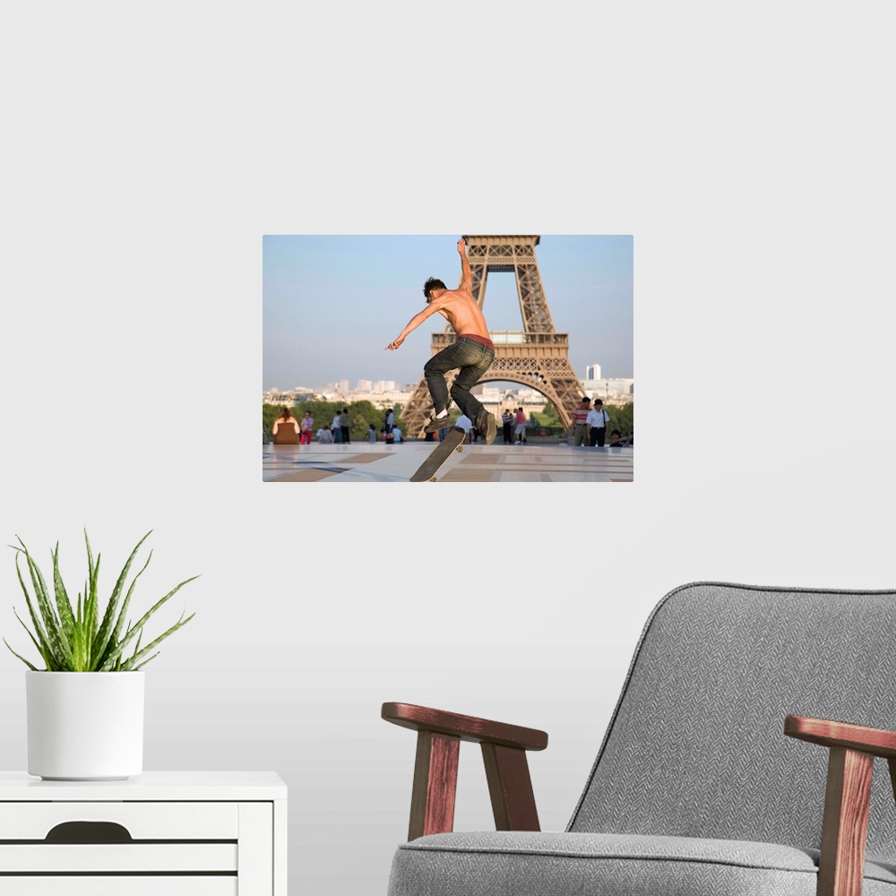 A modern room featuring France, Ile-de-France, Paris, Skateboarding at the Palais de Chailot and Eiffel Tower