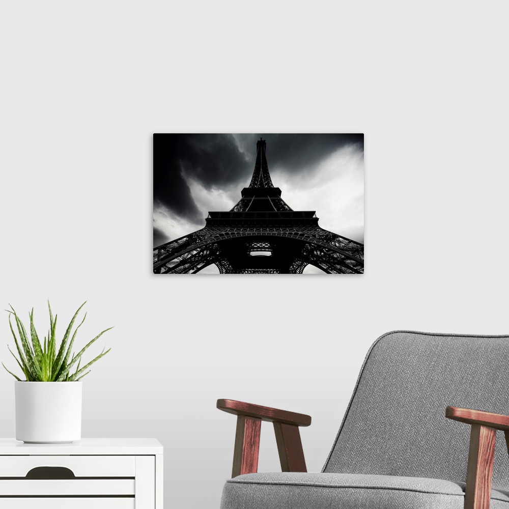 A modern room featuring France, Paris, The Eiffel Tower photographed from the base looking upwards.