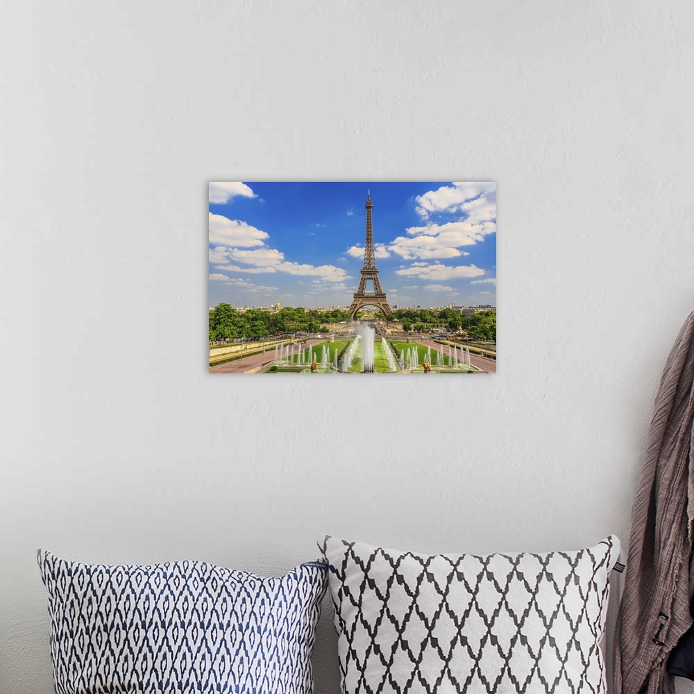A bohemian room featuring France, Paris, Trocadero Fountains, Eiffel Tower, view from the Trocadero.