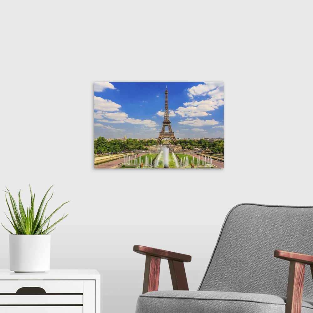 A modern room featuring France, Paris, Trocadero Fountains, Eiffel Tower, view from the Trocadero.