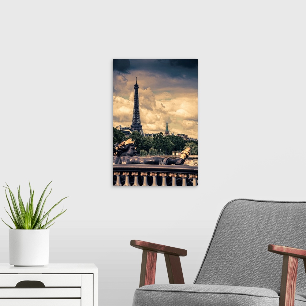 A modern room featuring France, Paris, View of Seine river and Eiffel Tower from Alexander III Bridge.