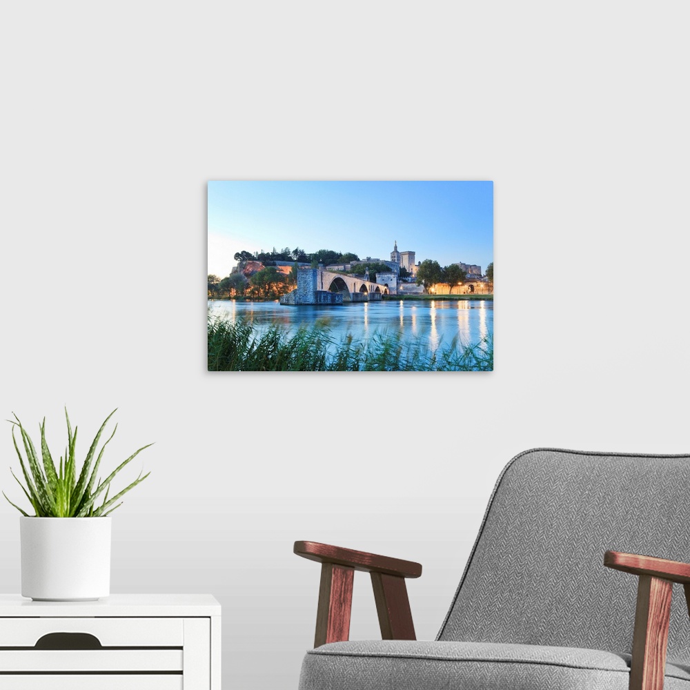 A modern room featuring France, Provence, Avignon, The old Pont Sant Benezet on the Rhone river with Pope Palace (Palais ...