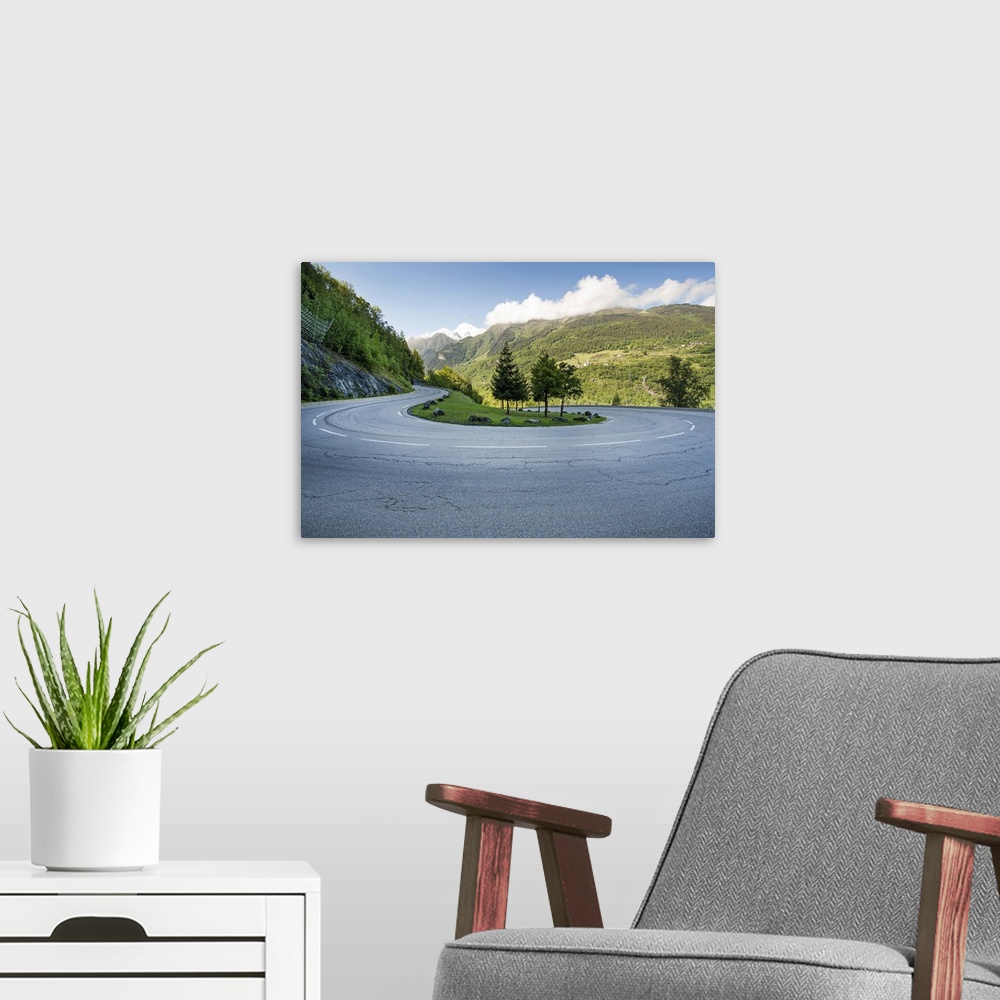 A modern room featuring France, Rhone-Alpes, Bourg-Saint-Maurice, Winding road to the Col D'Iseran summit.