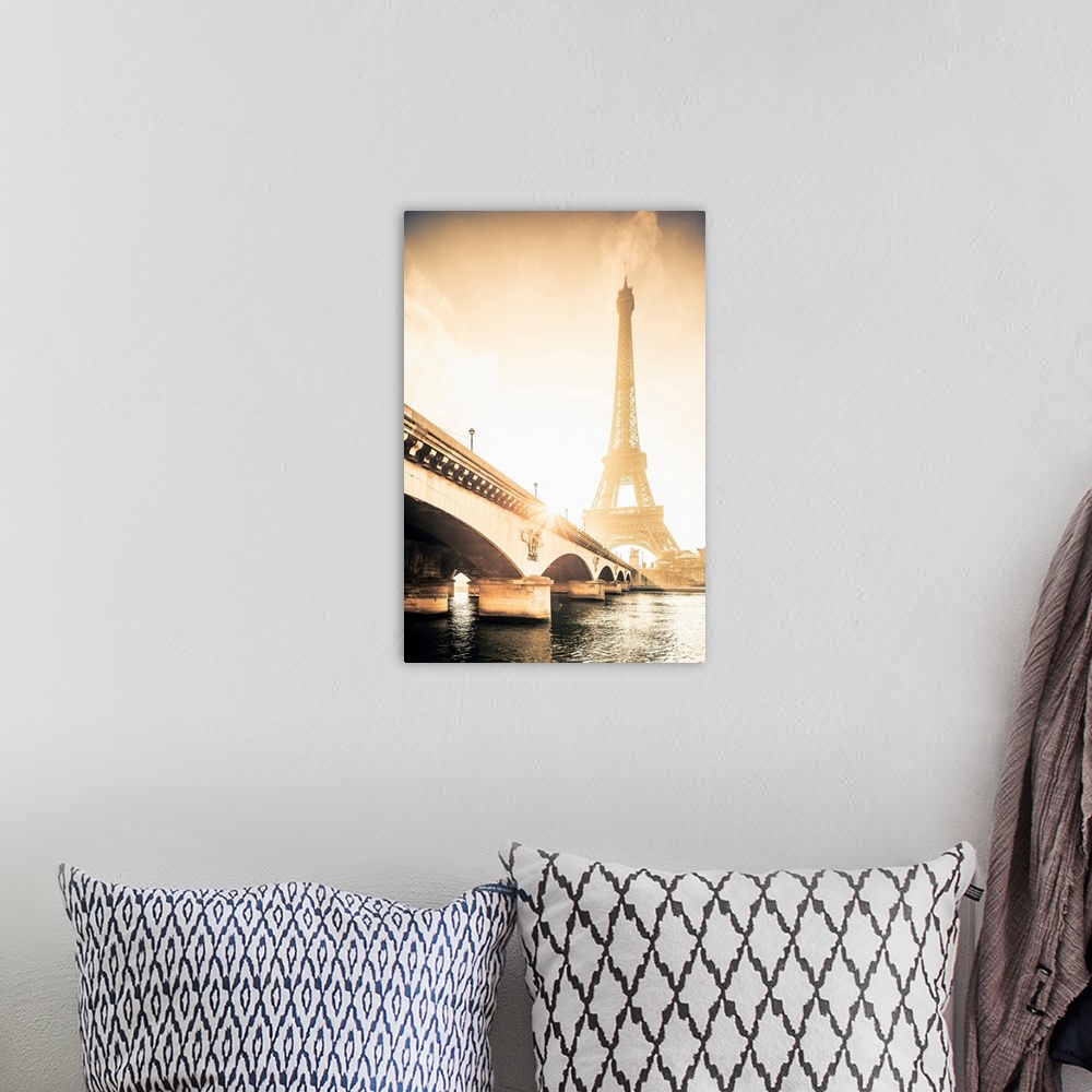 A bohemian room featuring France, Ile-de-France, Seine, Ville de Paris, Paris, Invalides, The Eiffel Tower at sunrise.