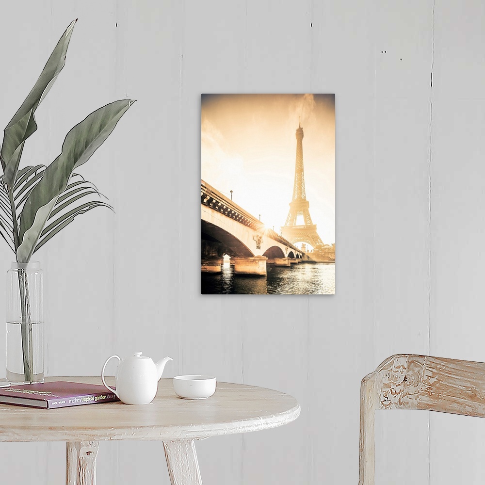 A farmhouse room featuring France, Ile-de-France, Seine, Ville de Paris, Paris, Invalides, The Eiffel Tower at sunrise.