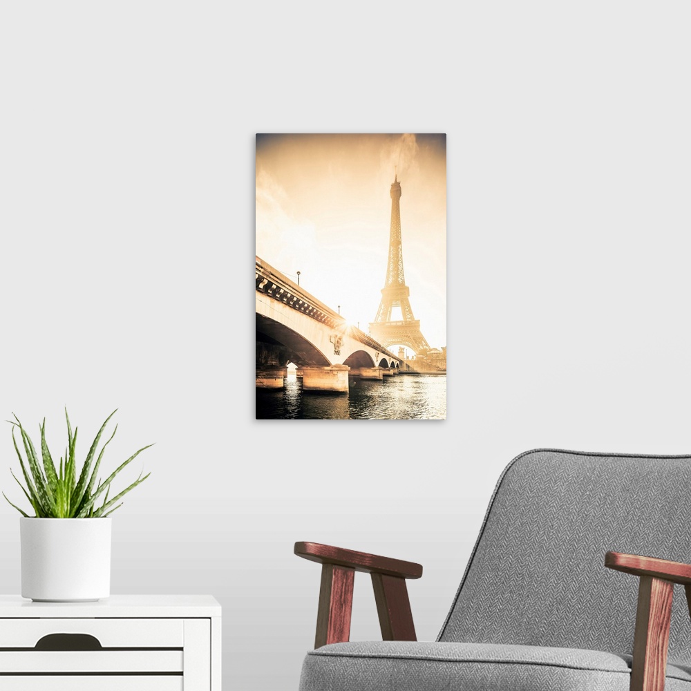 A modern room featuring France, Ile-de-France, Seine, Ville de Paris, Paris, Invalides, The Eiffel Tower at sunrise.