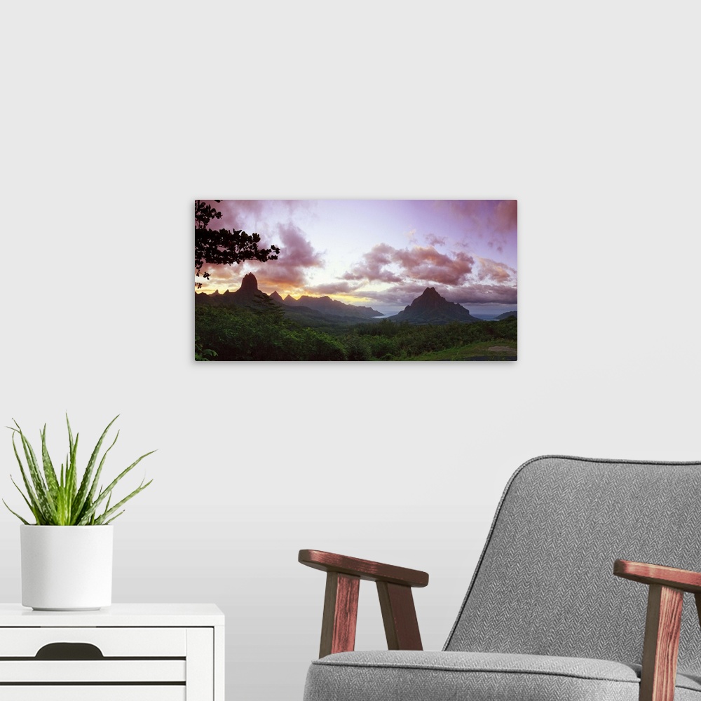 A modern room featuring French Polynesia, Society Islands, Moorea, Mountains inland at dawn