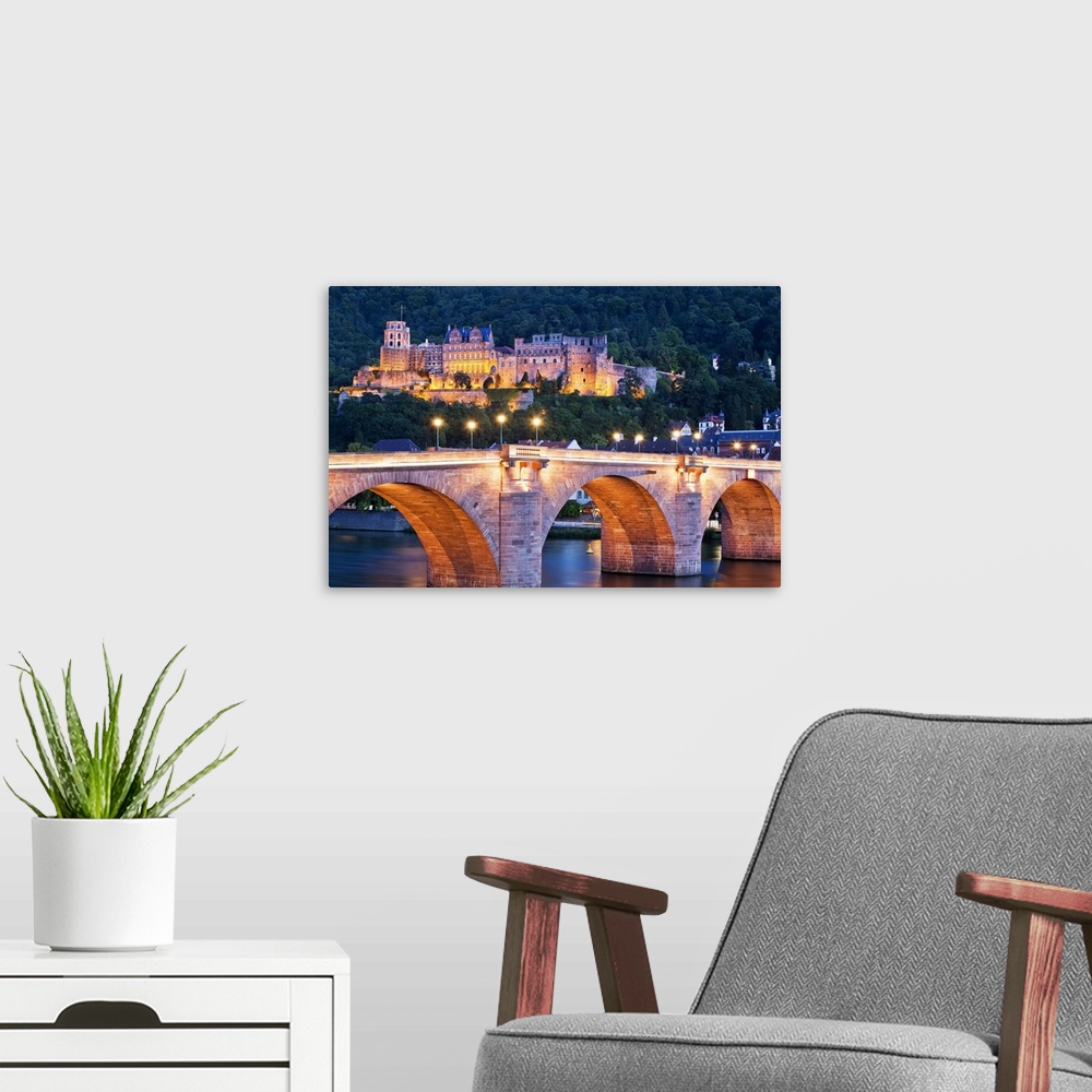 A modern room featuring Germany, Baden-Wurttemberg, Karl-Theodor Bridge over the Neckar and Castle at night