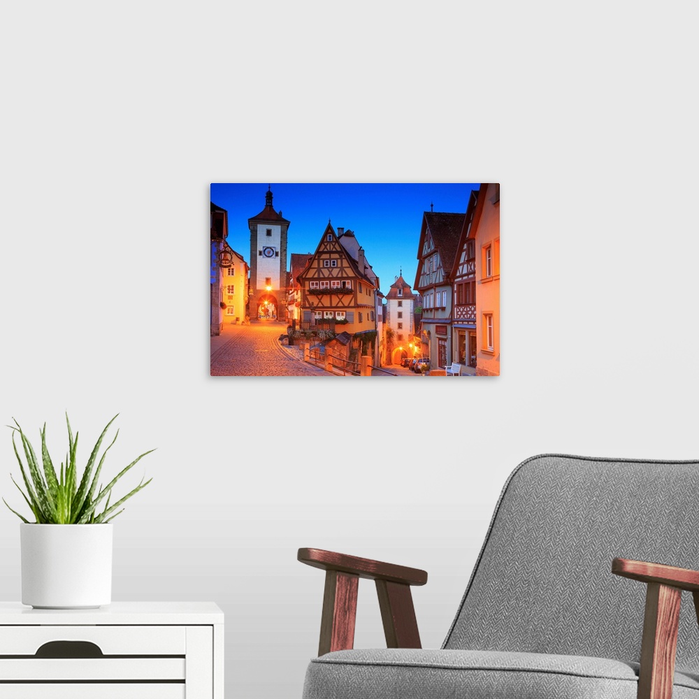 A modern room featuring Germany, Bavaria, Middle Franconia, Rothenburg ob der Tauber, Town by night.