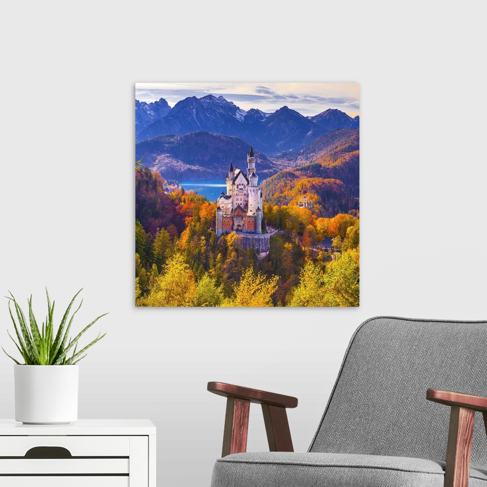 A modern room featuring Germany, Bavaria, Swabia, Swabia, Neuschwanstein Castle and Hohenschwangau Castle with Lake Alpse...