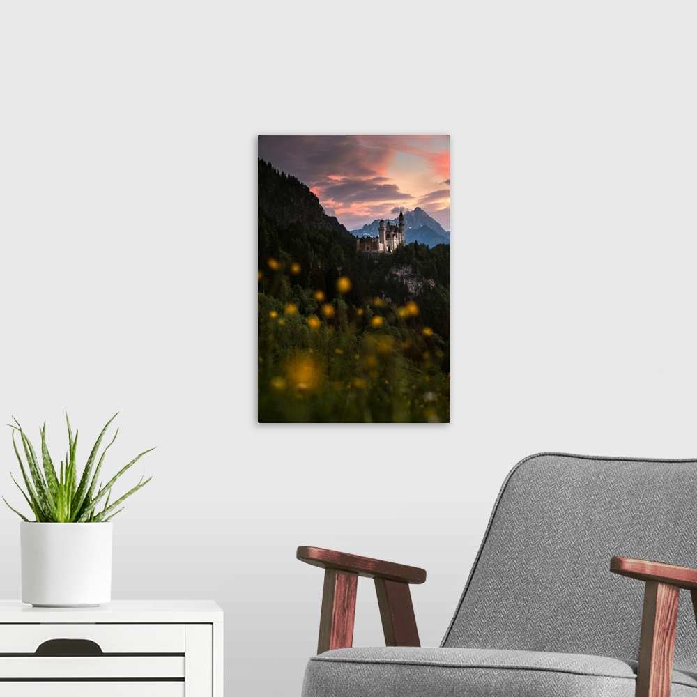 A modern room featuring Germany, Bavaria, Neuschwanstein castle and surrounding landscape with spring flower blossom at s...
