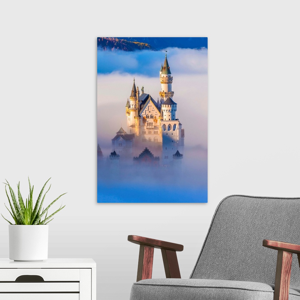 A modern room featuring Germany, Bavaria, Swabia, Neuschwanstein Castle in the fog.