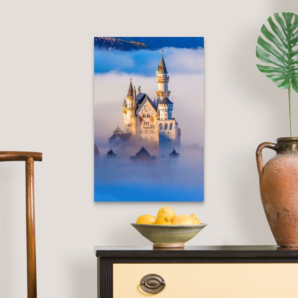A traditional room featuring Germany, Bavaria, Swabia, Neuschwanstein Castle in the fog.
