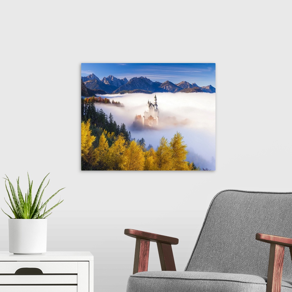 A modern room featuring Germany, Bavaria, Swabia, Neuschwanstein Castle in the fog, Tannheim Mountains in background