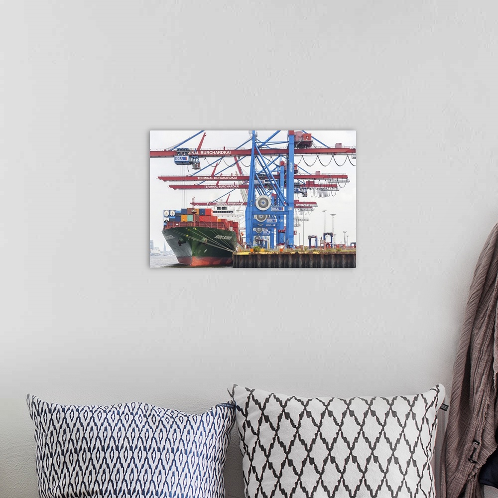 A bohemian room featuring Germany, Hamburg, Elbe, Unloading of a container ship, boat tour of the port.