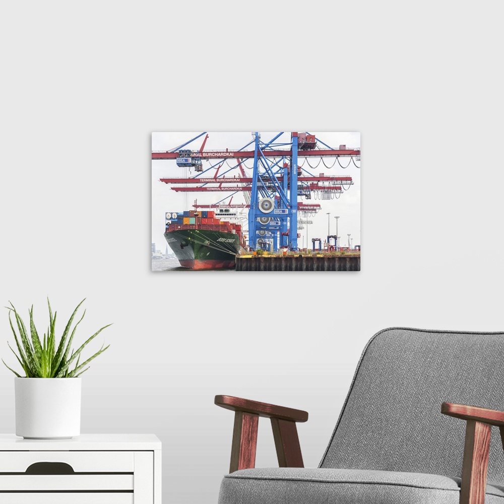 A modern room featuring Germany, Hamburg, Elbe, Unloading of a container ship, boat tour of the port.