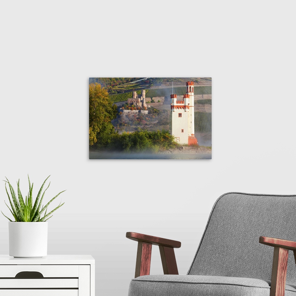 A modern room featuring Germany, Hessen, Rhine, Rhine valley, Bingen, Mouse tower and Ehrenfels ruins