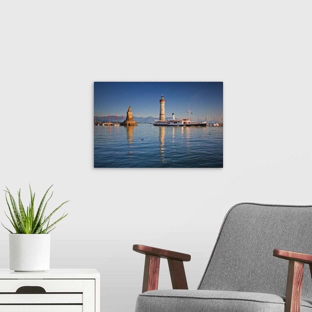 A modern room featuring Germany, Bavaria, Lake Constance, Swabia, Schwaben, Lindau, Lighthouse and a passenger ship at th...