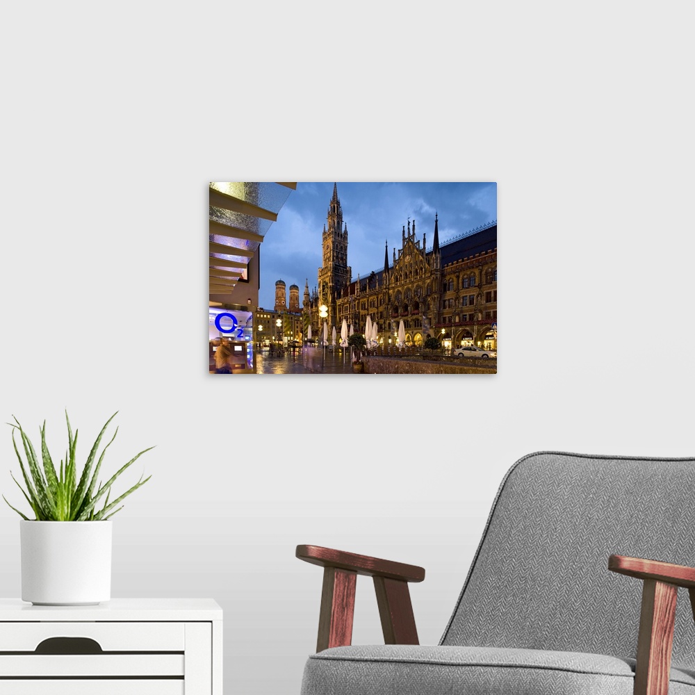 A modern room featuring Germany, Munich, Marienplatz, The Neues Rathaus  and the towers of the Frauenkirche