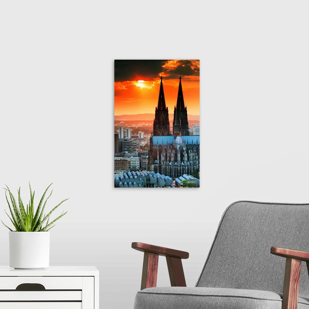 A modern room featuring Germany, North Rhine-Westphalia, Cologne, Cologne Cathedral and Hohenzollern Bridge overview at s...
