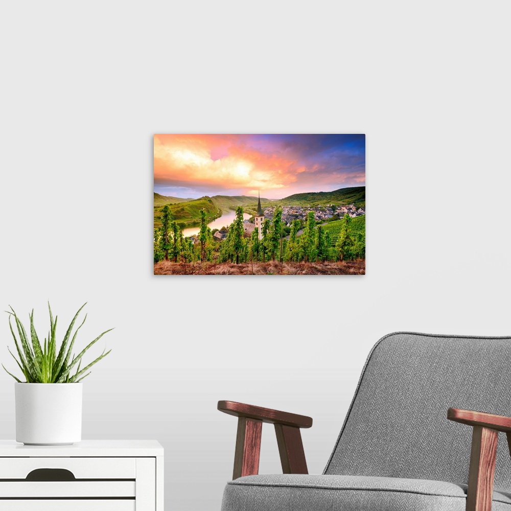 A modern room featuring Germany, Rhineland-Palatinate, Bremm, Saxon Wine Route, View over Bremm and Mosel river narrow be...