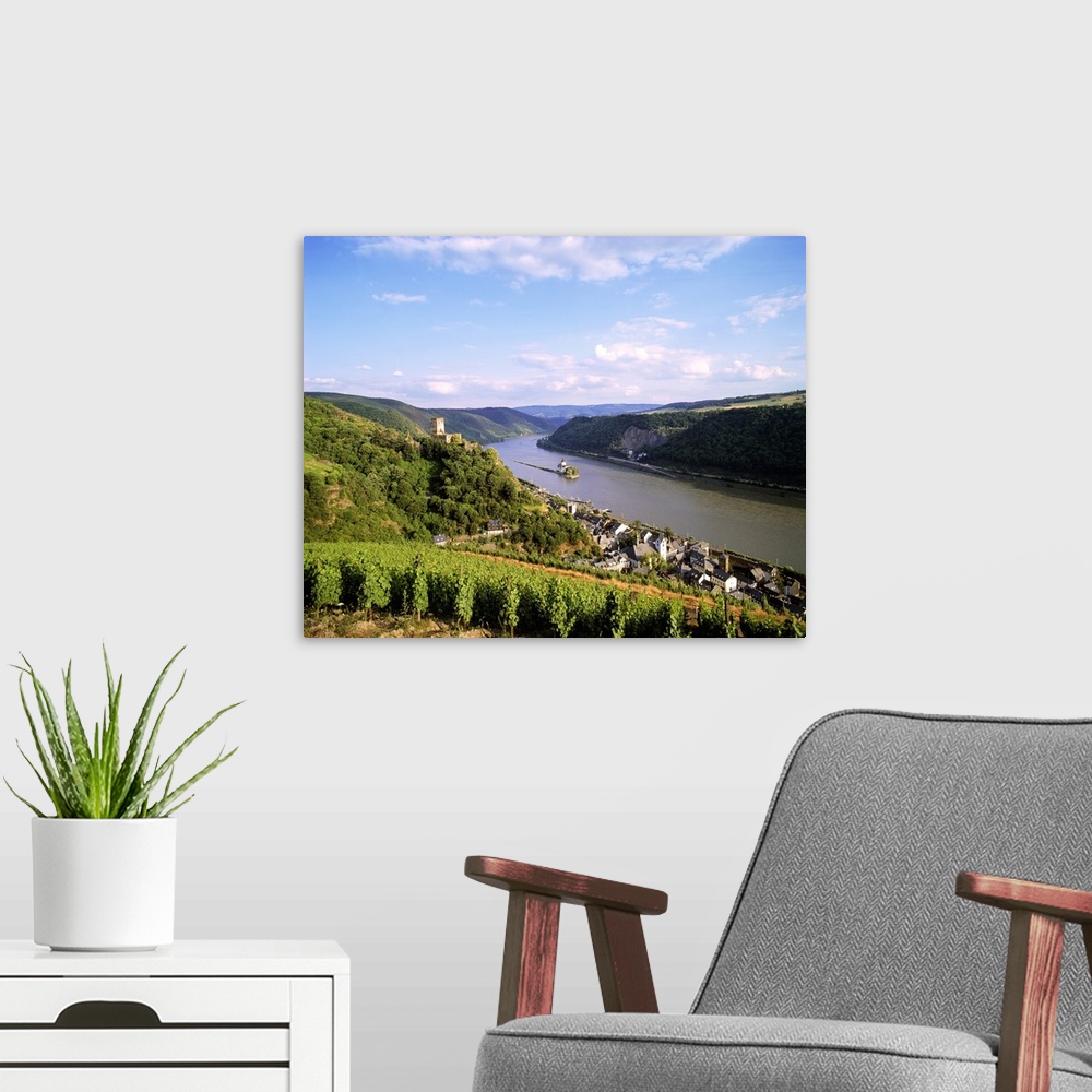 A modern room featuring Germany, Rhineland-Palatinate, The river, the Burg Pfalzgrafenstein and the town