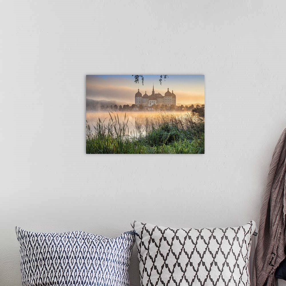 A bohemian room featuring Germany, Saxony, Moritzburg, Moritzburg Castle, Morning mood at the castle pond with the baroque ...