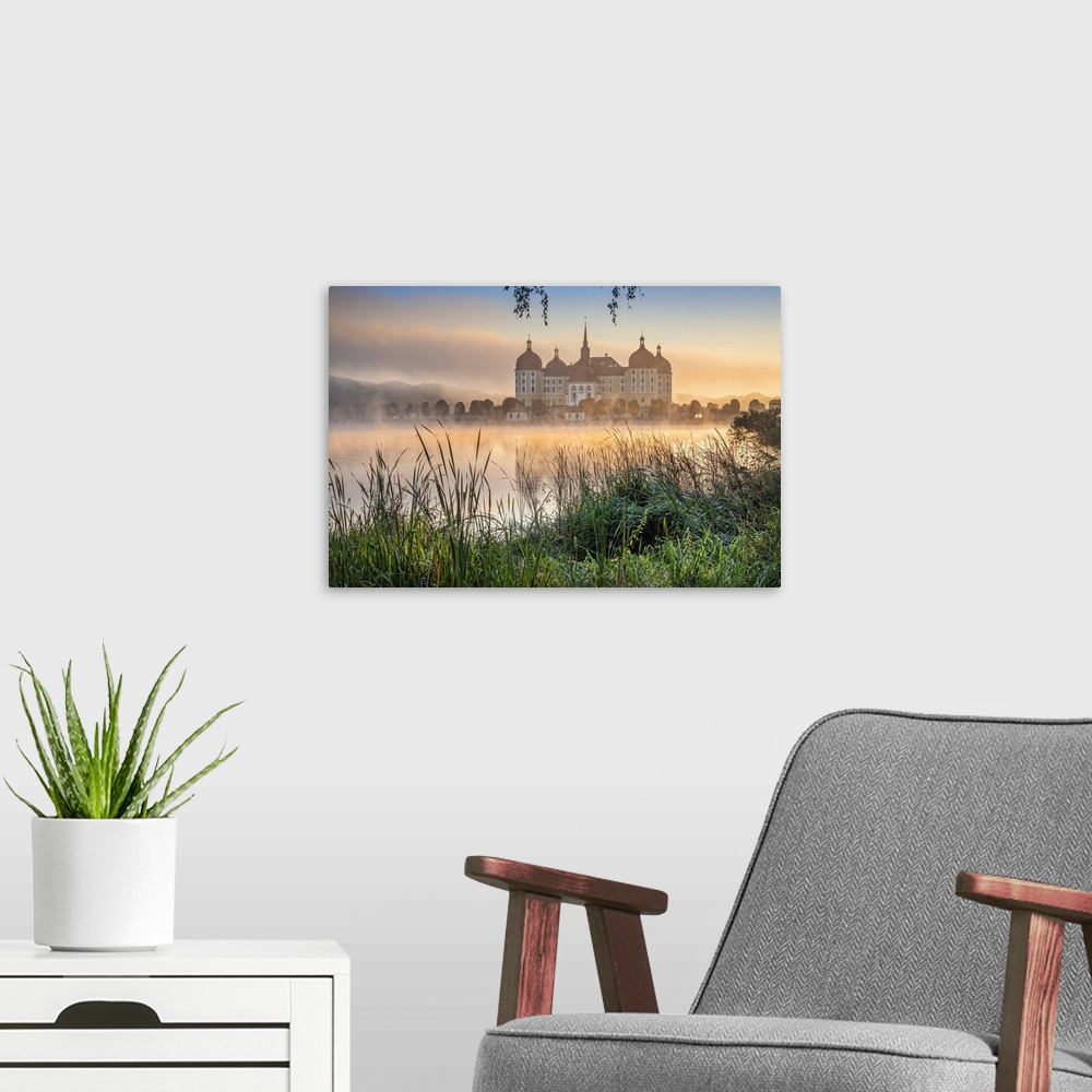 A modern room featuring Germany, Saxony, Moritzburg, Moritzburg Castle, Morning mood at the castle pond with the baroque ...