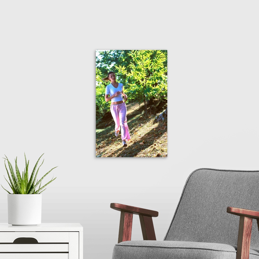 A modern room featuring Girl running in forest