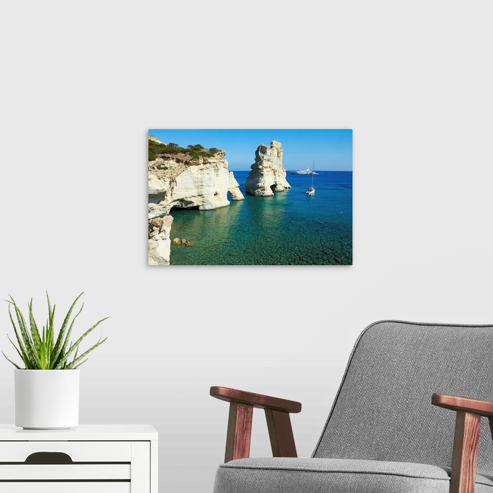 A modern room featuring Greece, Aegean islands, Aegean sea, Cyclades, Milos island, Kleftiko bay