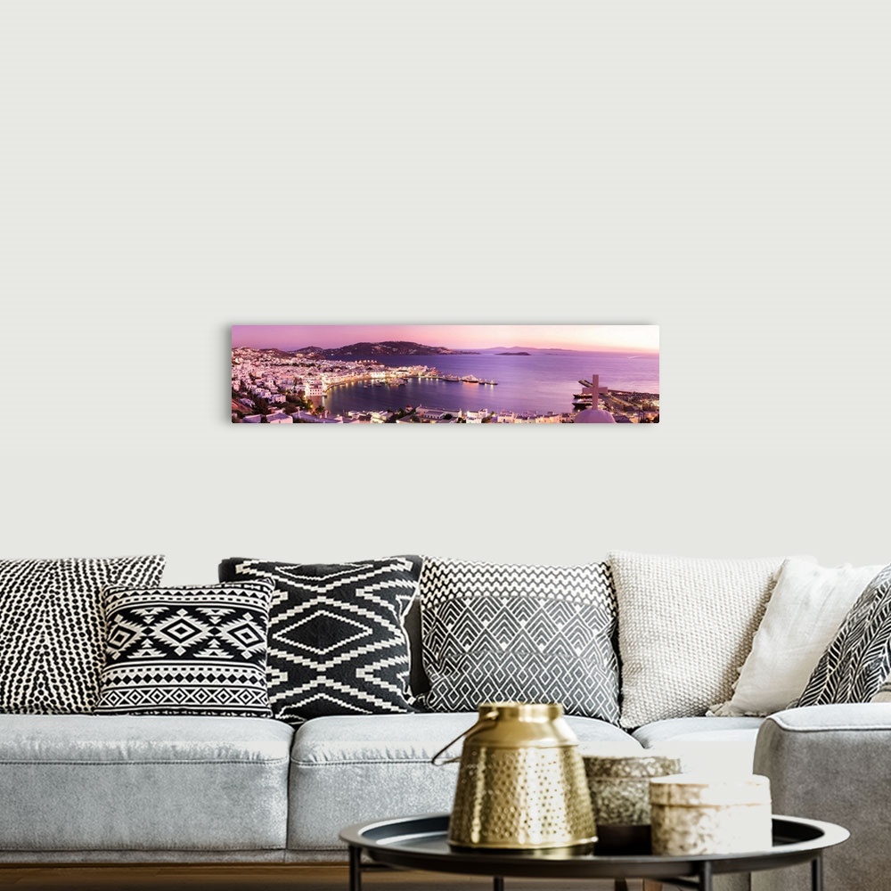 A bohemian room featuring Greece, Aegean islands, Cyclades, Mykonos, Chora and old harbor at sunset