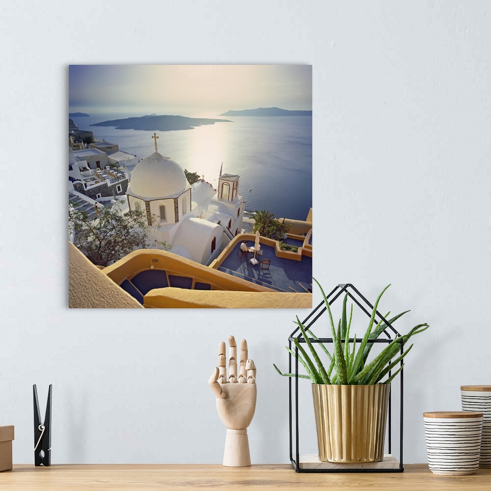 A bohemian room featuring Greece, Aegean islands, Cyclades, Santorini island, Thera, Fira, view towards the crater