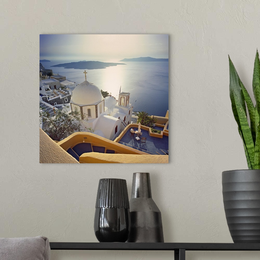 A modern room featuring Greece, Aegean islands, Cyclades, Santorini island, Thera, Fira, view towards the crater