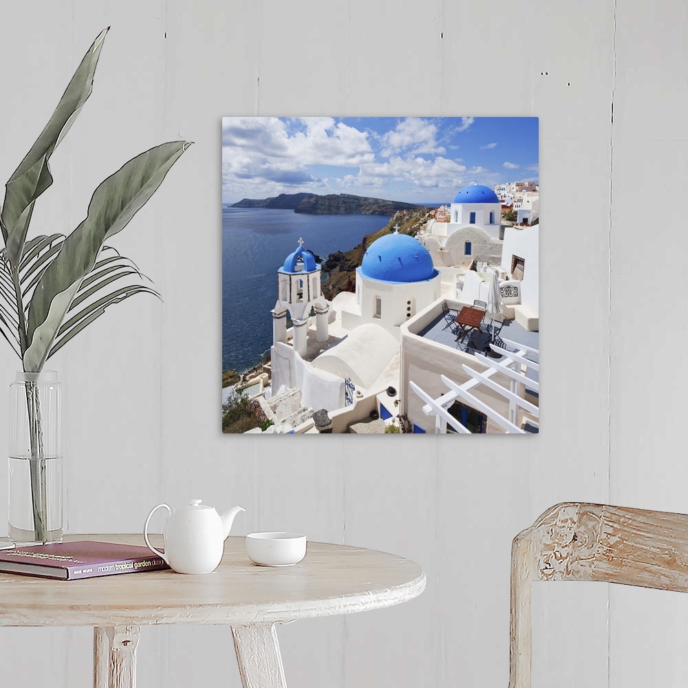 A farmhouse room featuring Greece, Aegean islands, Cyclades, Santorini island, Greek Islands, Oia village, typical church.