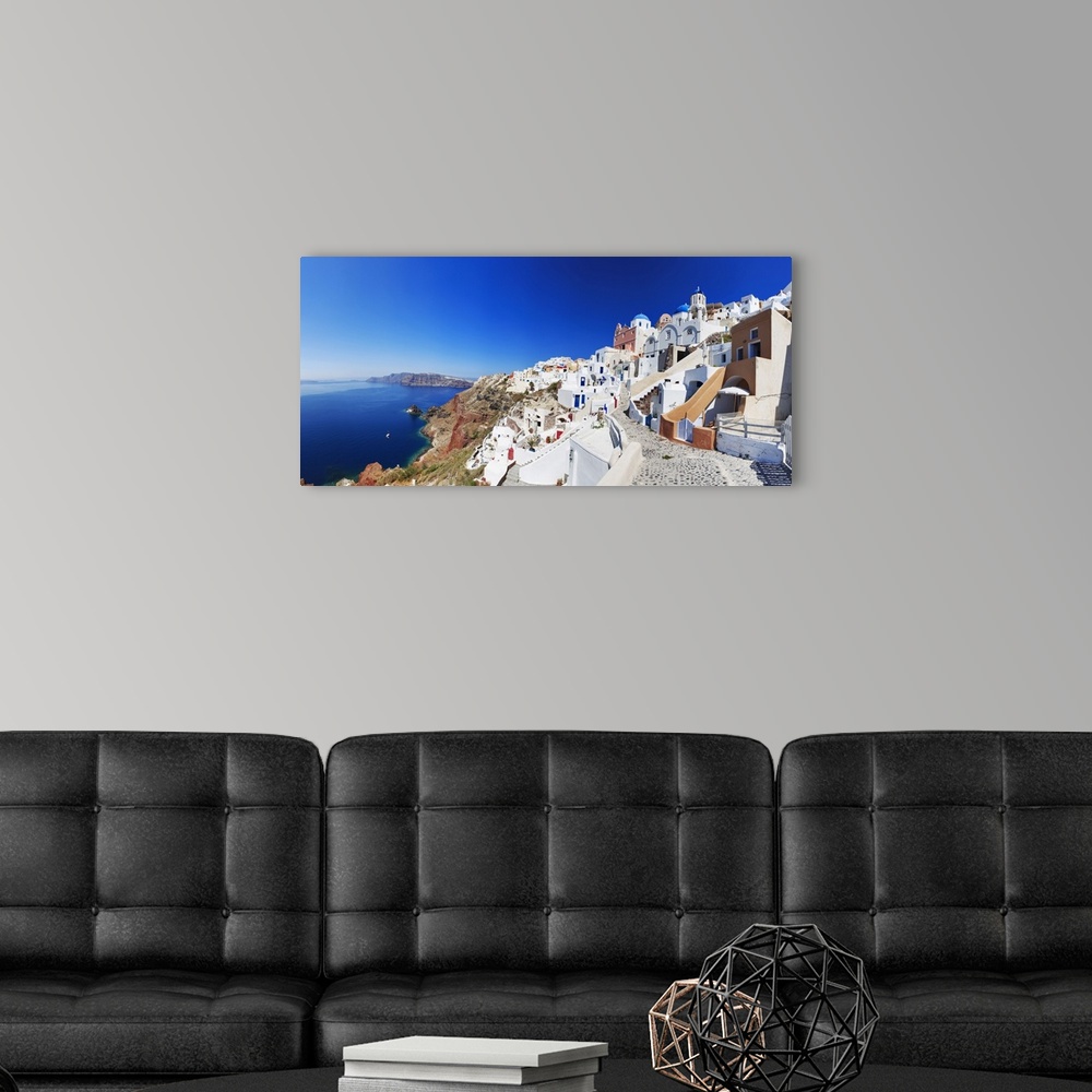 A modern room featuring Greece, Aegean islands, Cyclades, Santorini island, view from the terraces of Fira