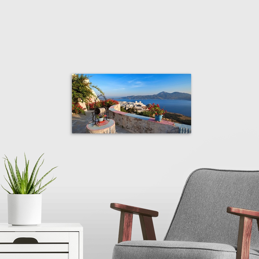 A modern room featuring Greece, Cyclades, Milos island, View of Plaka village from Kastro castle and church
