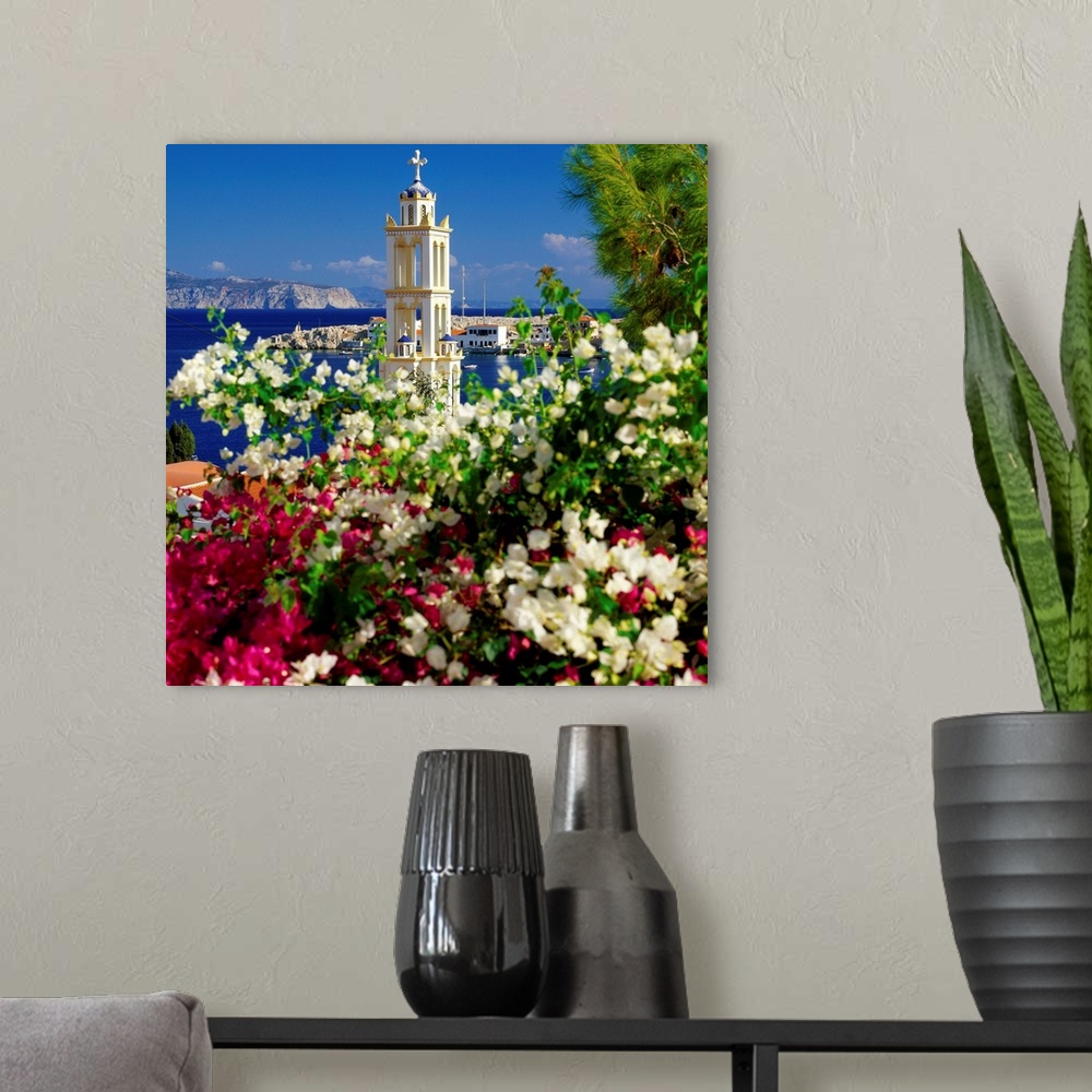 A modern room featuring Greece, Dodecanese, bell tower of church dedicated to Agios Nikolaos