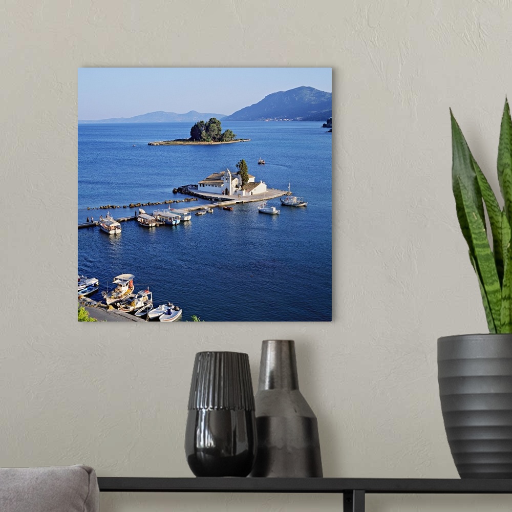 A modern room featuring Greece, Ionian Islands, Corfu Island, Pontikonissi island, Mediterranean area, Mediterranean sea,...