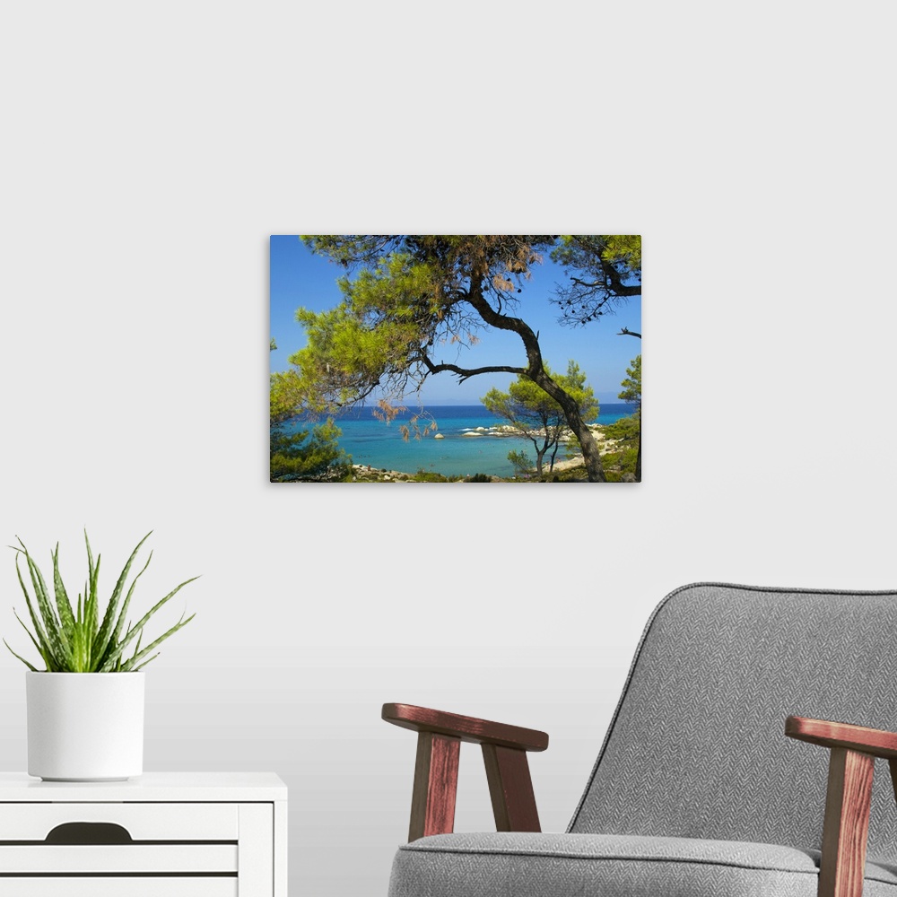 A modern room featuring Greece, Macedonia, Chalkidiki, Sithonia, Sarti, beach through the trees