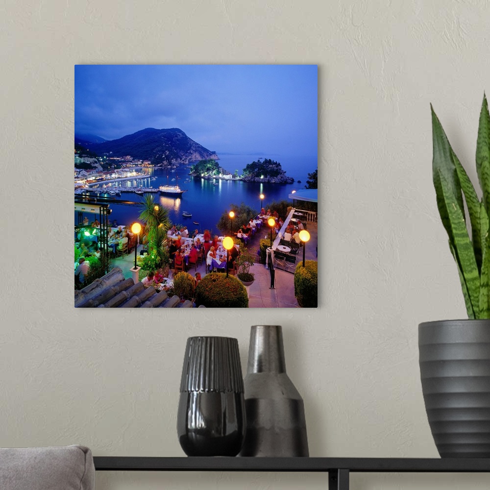 A modern room featuring Greece, Parga, view from restaurant over the bay and town