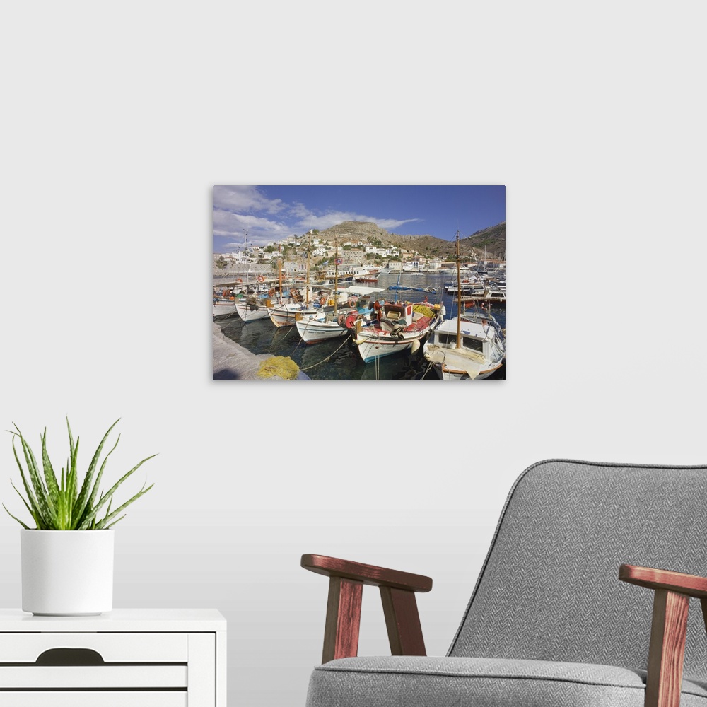 A modern room featuring Greece, Peloponnese, Hydra Island, harbor
