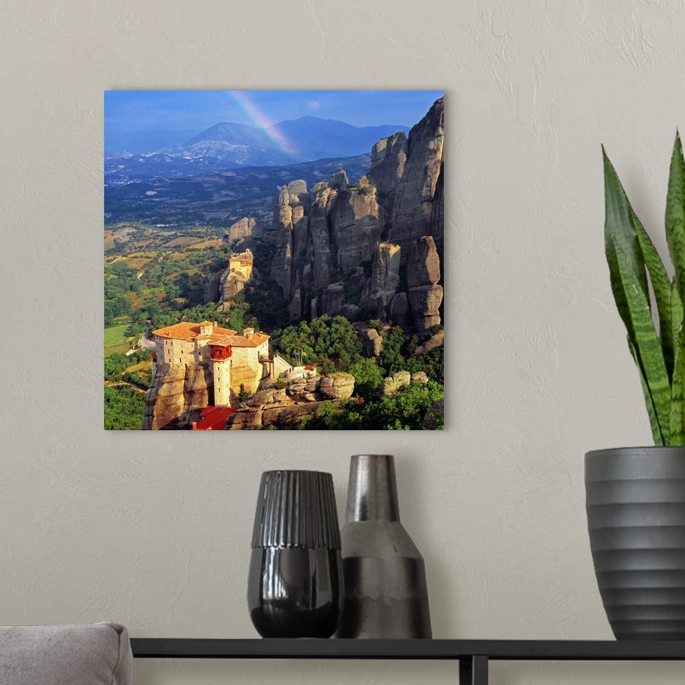 A modern room featuring Greece, Ell..s, Thessalia, Meteora, View towards Roussanou monastery