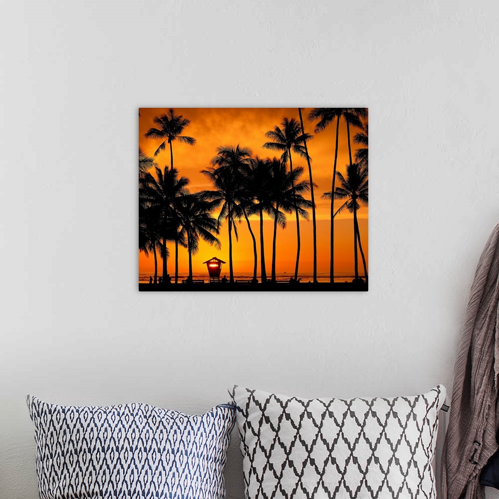 A bohemian room featuring Hawaii, Oahu, Honolulu, Waikiki beach at sunset with palm-trees