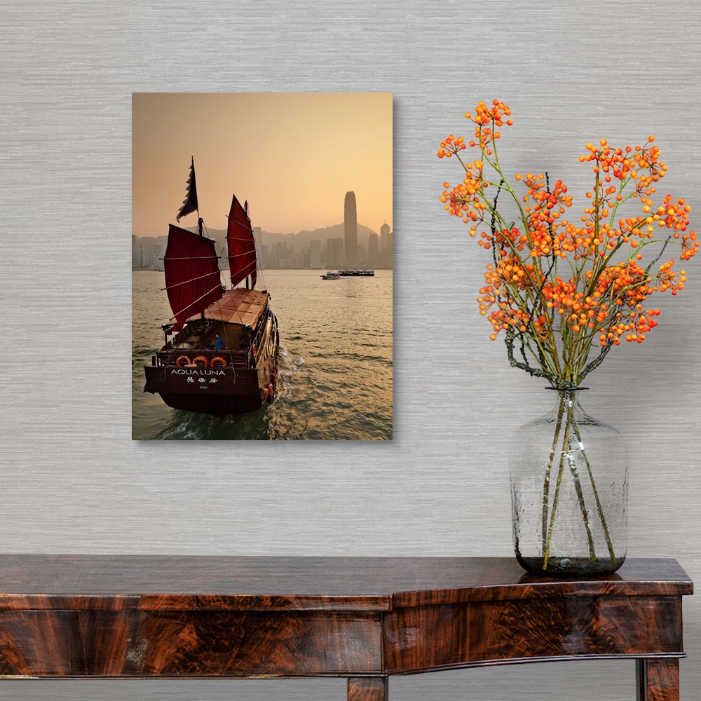 A traditional room featuring China, Hong Kong, Hong Kong island, Victoria Harbor, Traditional junk in the Victoria Harbor with...