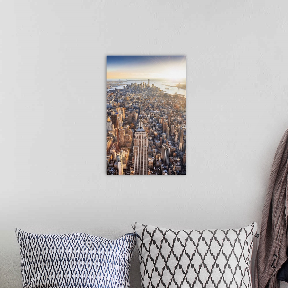 A bohemian room featuring USA, New York City, Hudson, Manhattan, Midtown, Aerial view of Empire State Building, towards Low...