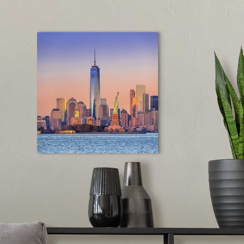 A modern room featuring USA, New York City, Hudson, Manhattan, Lower Manhattan, Liberty Island, Statue of Liberty, One Wo...